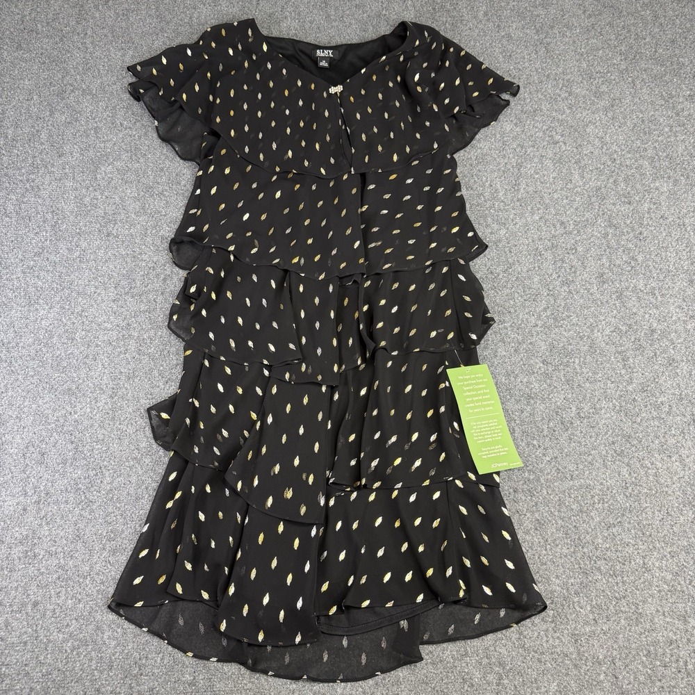 SL Fashions SLNY Tiered Chiffon Dress Womens 14 Black Gold Metallic Cocktail